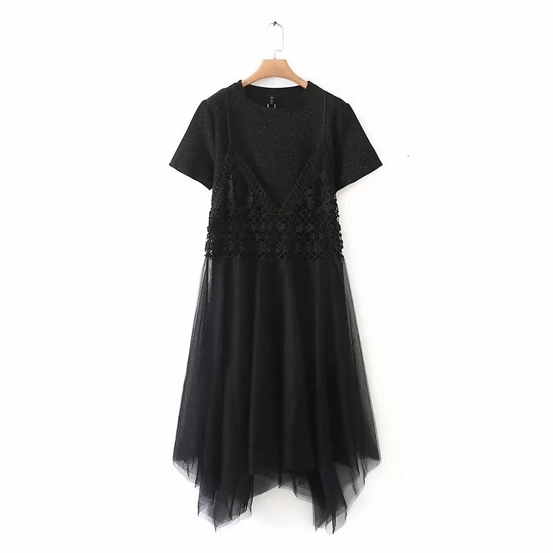 

Plus Size vrouwen Jurk Koreaanse Mode 2 Stuks Pak T-shirt Jurk + Lace Jurken Casual Zomer Midi Jurken