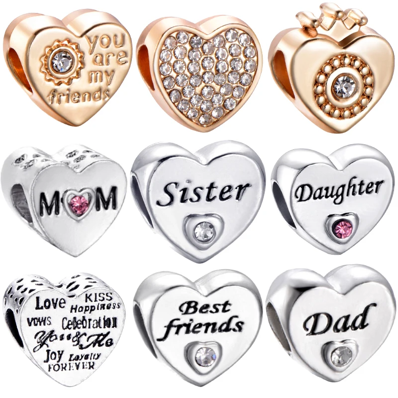 

Sister Daughter Friend Family Charms Heart Beads Fits Original Pandora Charm Bracelet&Bangle DIY Women Jewelry Making 2019
