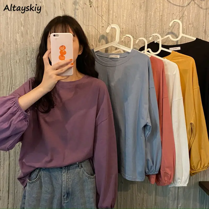 Solid Long Sleeve T-shirts Women Basic Tops Lantern-sleeve Baggy Tshirts  O-neck Preppy Style Casual Candy Colors Korean Fashion - AliExpress
