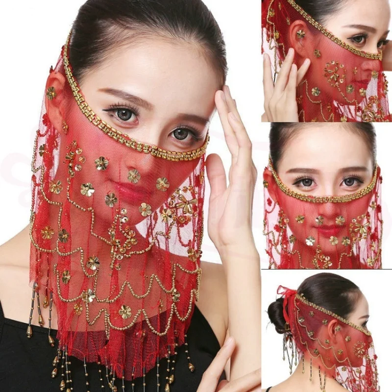 Beautiful Lady Belly Dance Dancing Face Mask Voile Wrap Scarf Sequin Perform Accessory |