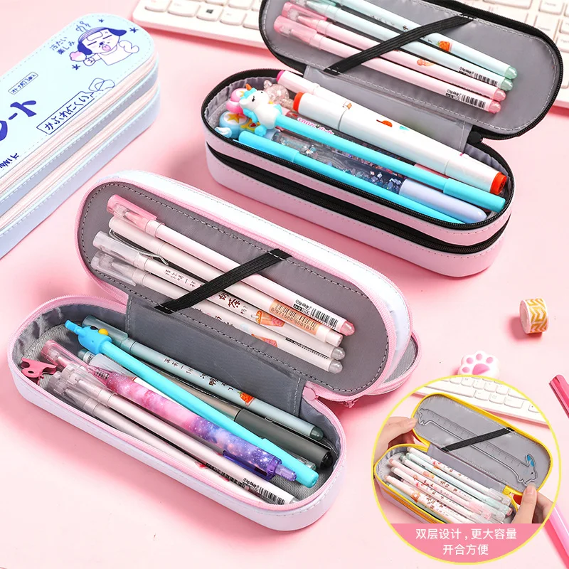 

2019 New cute animal style pen case simple large capacity canvas double pencil bag boys and girls pencil case