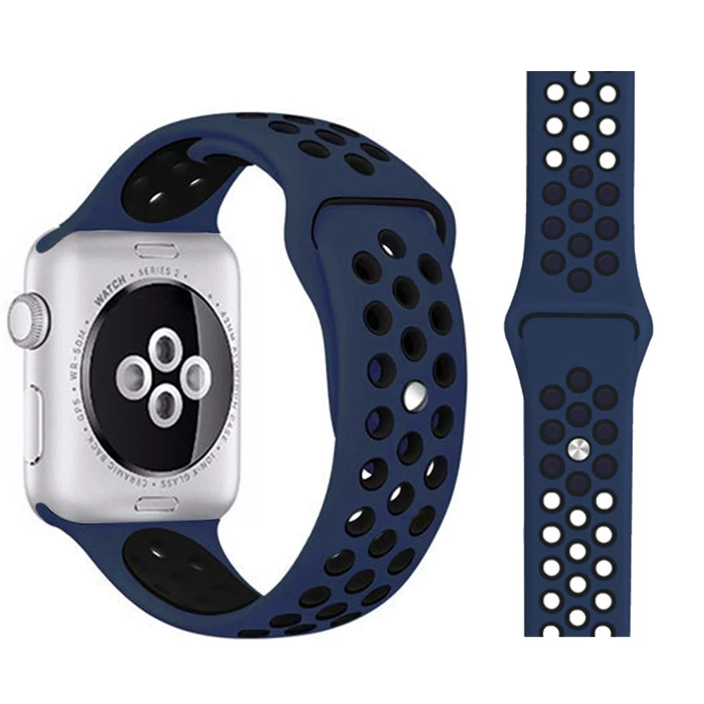 Dark blue with black Модный спортивный силиконовый ремешок для часов apple watch 42 мм, 38 мм, 40 мм, 44 мм, браслет Nike+ Iwatch series 5/4/3/2/1 - Цвет ремешка: Dark blue with black
