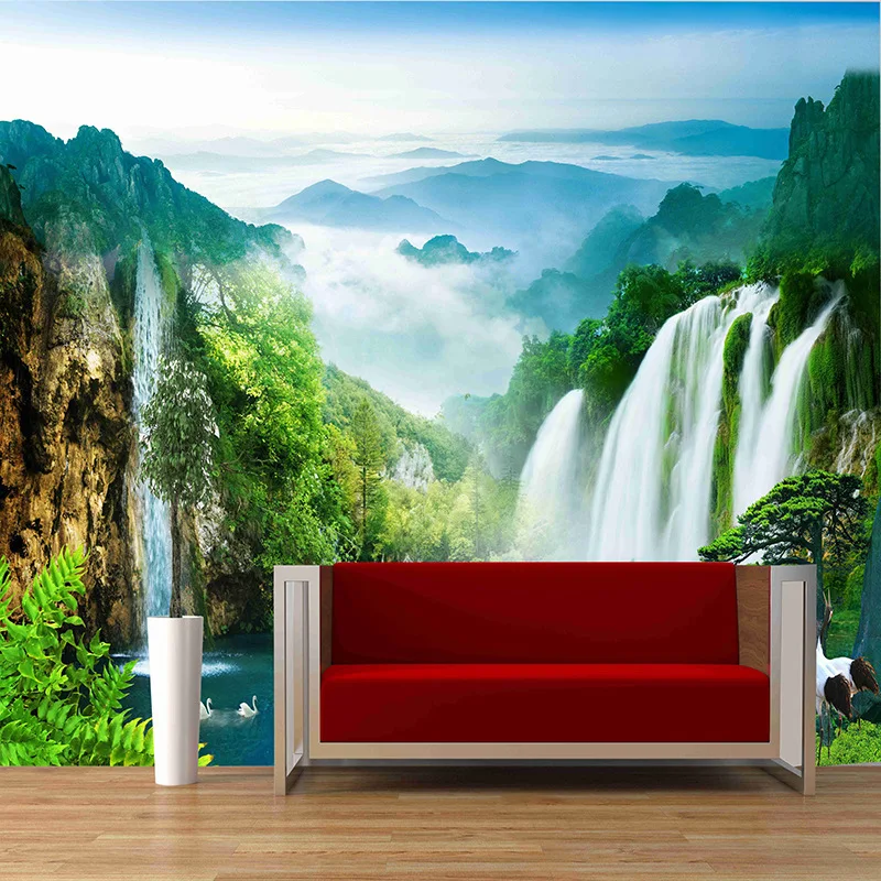 

3DCustomized mural large Chinese style landscape with waterfall mountain boat behind TV sofa as background in living room