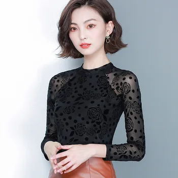 

2020 Ladies Turtleneck Printed Long Sleeve Chiffon T-shirt red