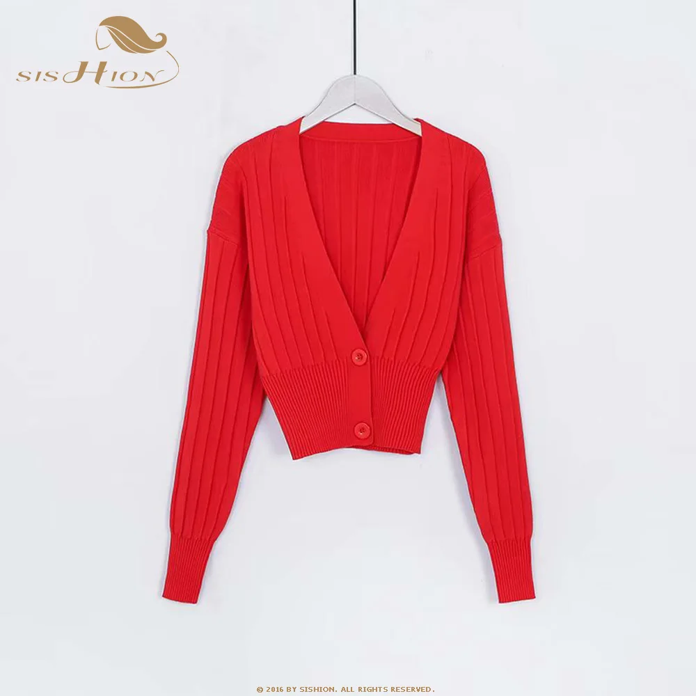 Red SISHION новые осенние женские винтажные кардиганы с длинным рукавом сексуальные тонкие вязаные маленькие шали свитера тонкий элегантный короткий кардиган SP0255 - Цвет: Red