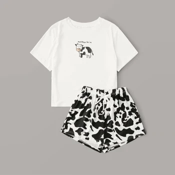 

Cow Letter Printed Nightgowns Women Summer New Cotton Pajama Set Female 2020 Casual Short Sleeve T-Shirt and Shorts Home Clothes