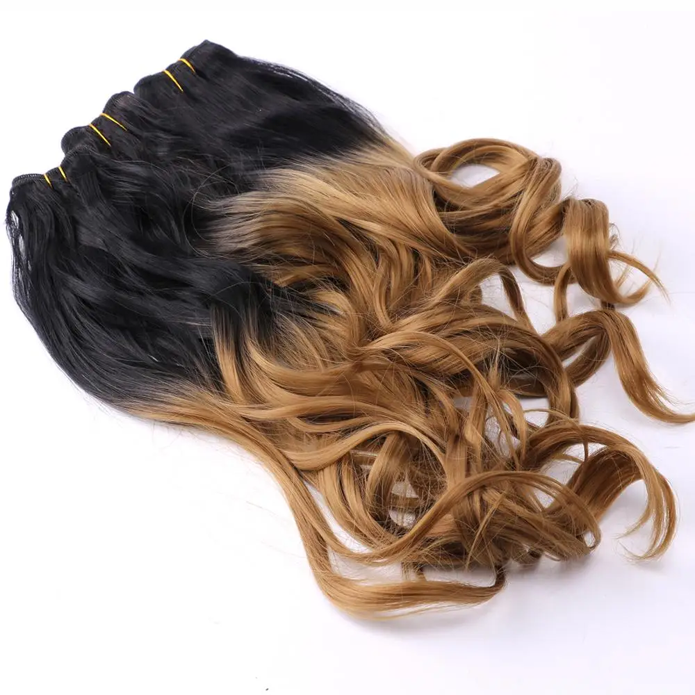 Negro oro cabello ombré ondulado pelo mechones de pelo sintético extensiones de cabello teje 2 unids/pack tramas de cabello