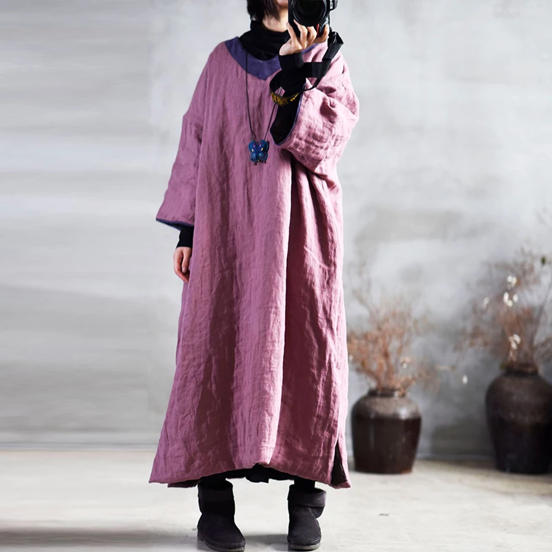 

2020 Spring New Dress Cotton Linen Vintage Women Long Robe Loose Long Sleeve Plus Size V-neck Solid Color Dresses