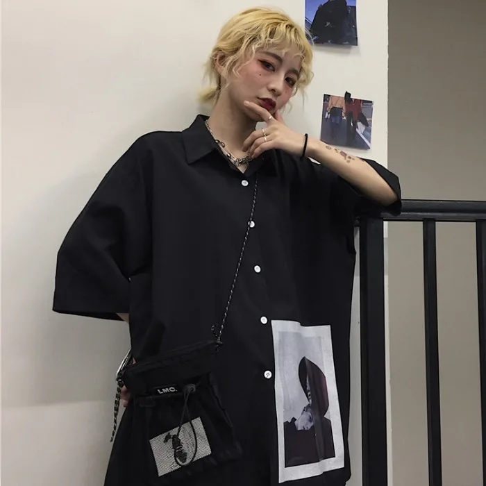 Harajuku уличная Корейская женская Свободная блузка с коротким рукавом и