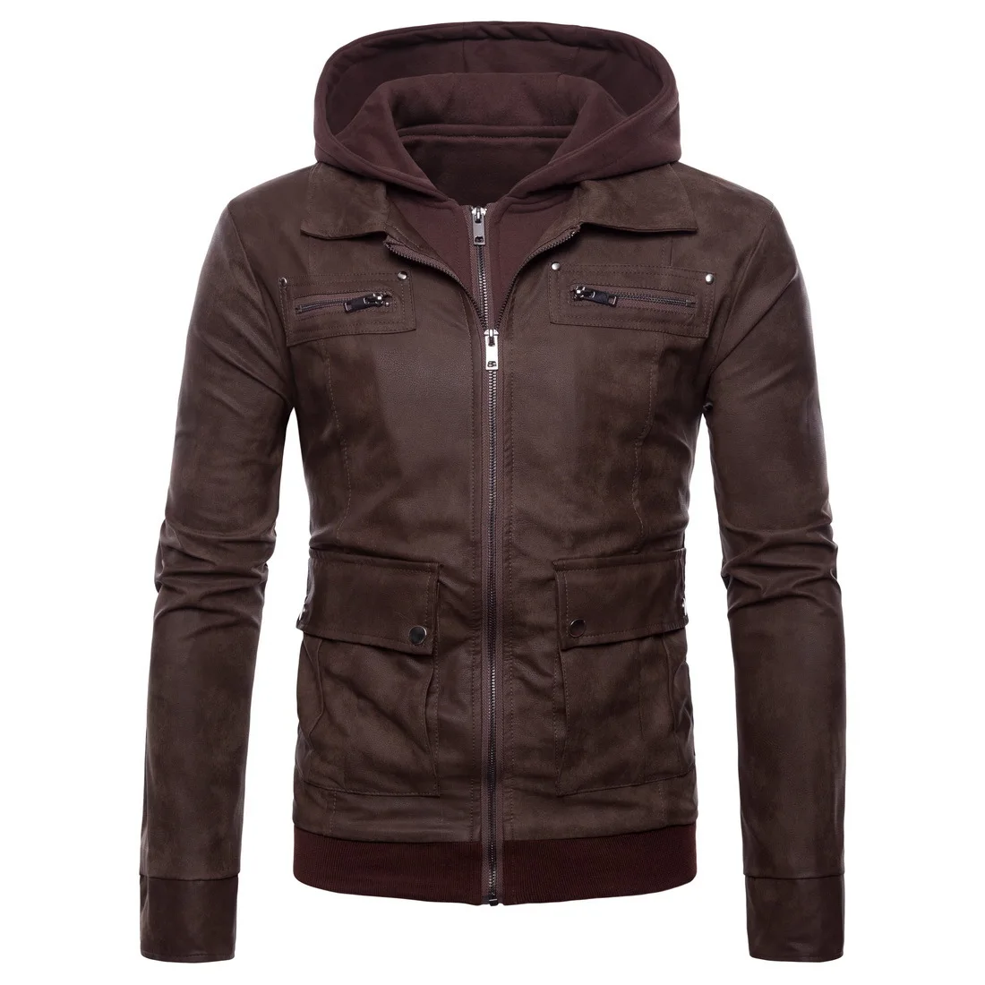 

Men's Leather Clothes with Hats, Leather Clothes, Solid Color Long-sleeved Leather Clothes, Zipper Leather Clothes Men Coat Fur