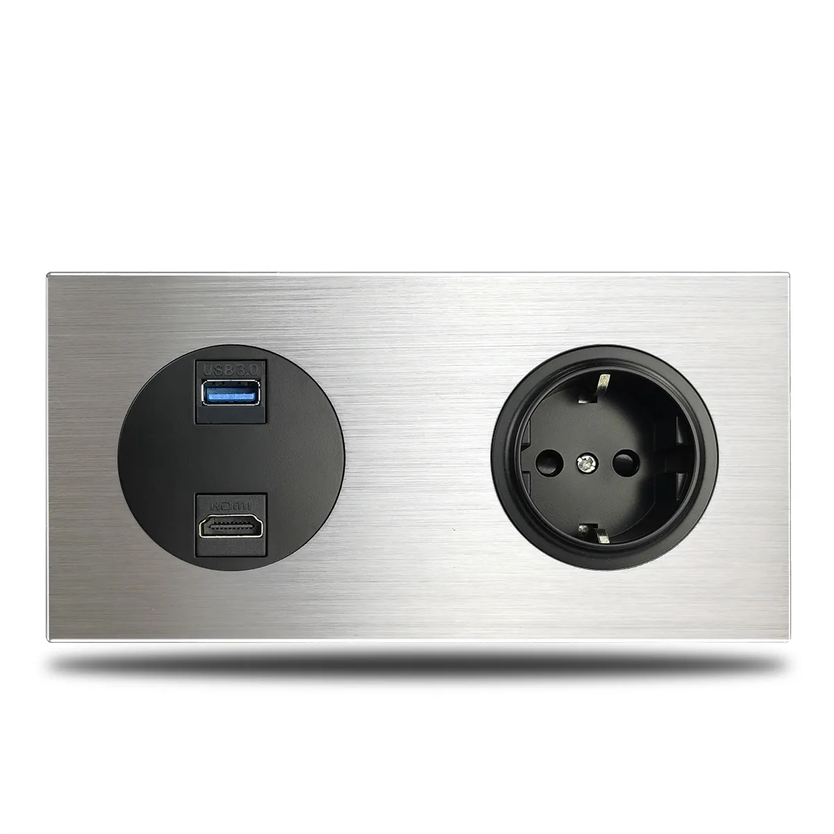 

HDMI & USB 3.0 Connection Jack with EU Wall Electrical Outlet Power Socket Silver Brushed Aluminum Alloy Panel Dual Plate