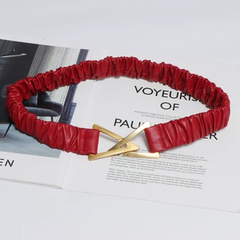 

Women elastic belt easy wear 2020 luxury metal gold buckle designer belts fashion waistband cinturon mujer black white red brown