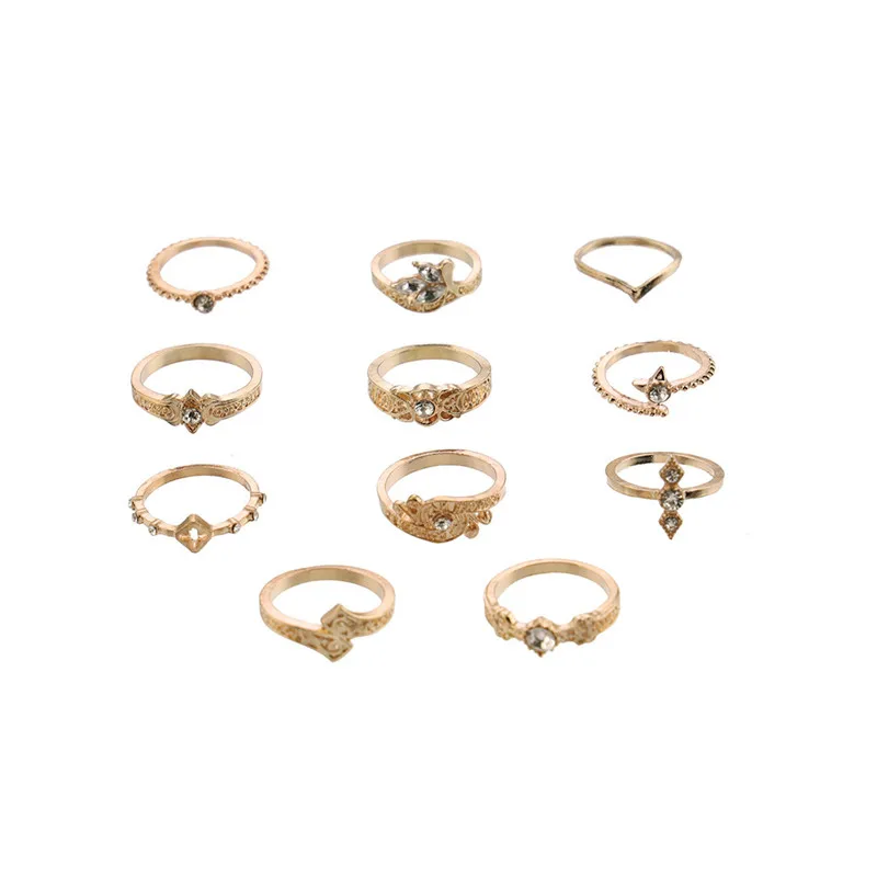 VAGZEB Vintage Crystal Flower Rings For Women Fashion Retro Geometric Gold Color Knuckle Ring Set Statement Jewelry Gifts