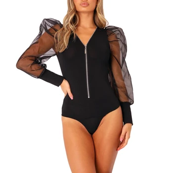 

2020 Women Mesh Sheer Long Sleeve Shirt Bodysuit Stretch Leotard Blouse Tops