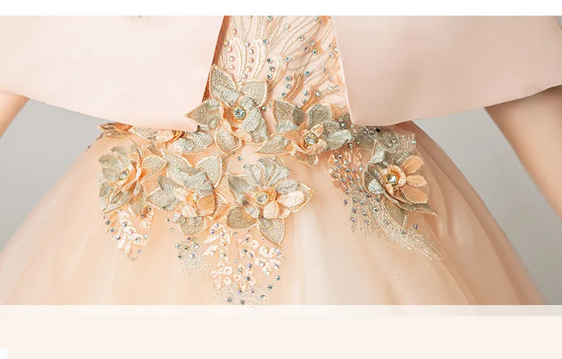 Кружевное платье принцессы цвета шампанского для дня рождения, свадьбы, бальное платье с аппликацией из бисера, элегантное торжественное платье для девочек, платье для первого причастия