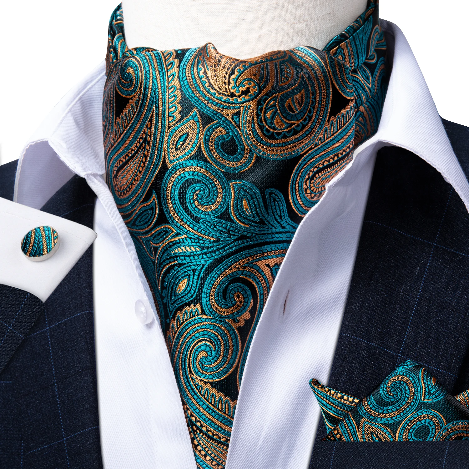 Teal Green Gold Paisley Men Vintage Ascot Pocket Square Cravat Casual  Jacquard Scarves Ties Wedding Formal Neckties Men DiBanGu - AliExpress