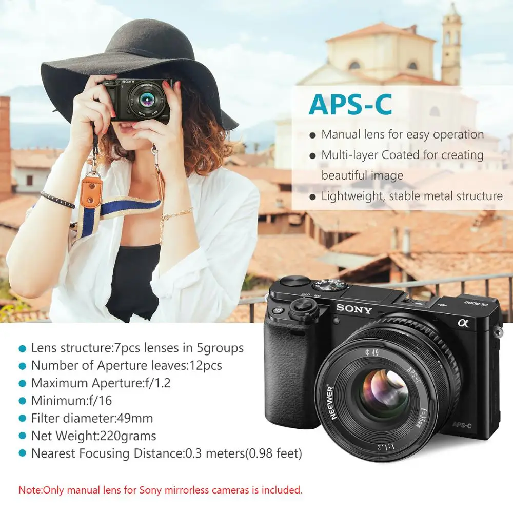 Neewer 35 мм F1.2 большой группа перфорированных APS C Алюминий объектив для Sony E