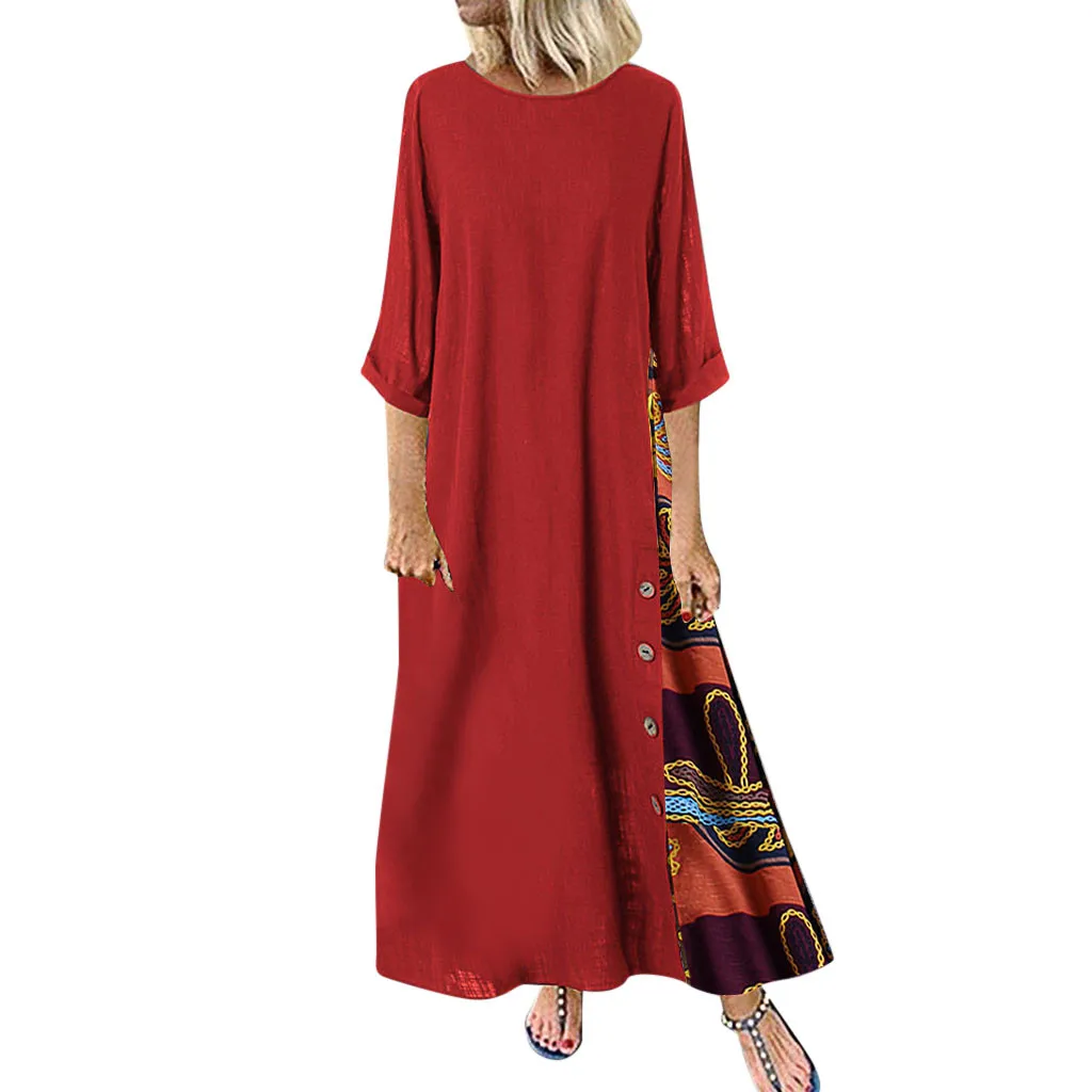 Желтое длинное зимнее платье в стиле пэчворк с рукавами 3/4 и круглым вырезом, женское платье на пуговицах с высоким низким подолом размера плюс, vestidos mujer fiesta noche# ZD - Цвет: Красный