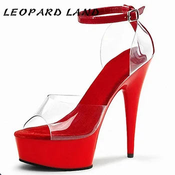

LEOPARD LAND 15cm Heels New Sexy Flower, Transparent Fish Mouth, Fine Heel, One Word Buckle, Wrist Strap, Crystal Sandals LYP