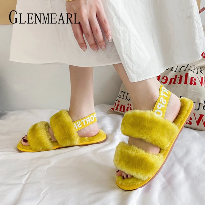 

Fur Slippers Indoor Shoes Winter Colorful Soft Brand Back Strap Open Toe Plush Warm Indoor Slippers Plsh Size 43 2020 New
