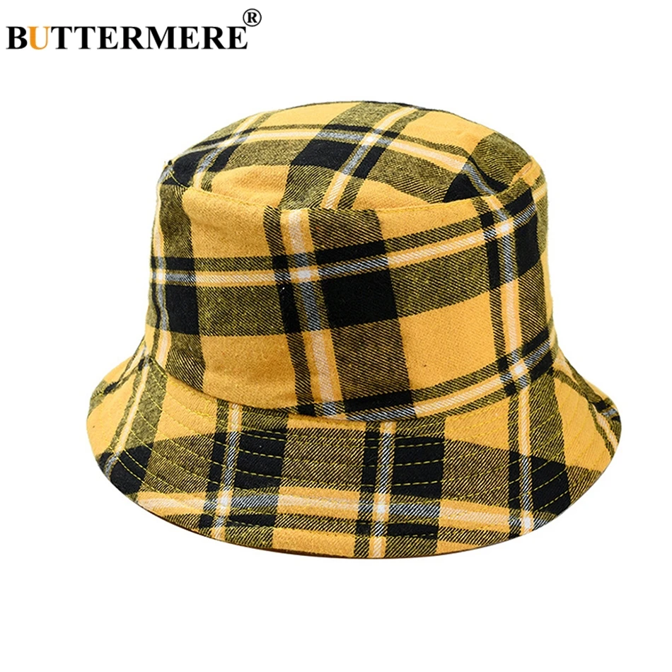 BUTTERMERE Reversible Bucket Hat Women Yellow Plaid Folding Fishing Hat Men Cotton Casual Female Colored Spring Male Bob Hats