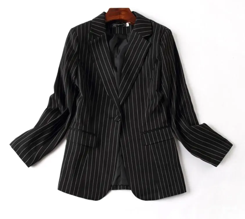 Black(Striped) Женский костюм универсальный Гладкий тонкий секционный Тенсел льняной вертикальные полосы Тонкий Повседневный винтажный элегантный белый пиджак женский - Цвет: Black(Striped)