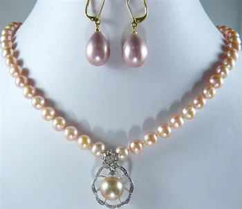 

wholesale noblest 8mm 17" pink shell pearl necklace + nice design 12mm pendant necklace & earrings set #s001