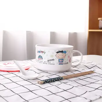

Ceramic Instant Noodle Bowl with Cover Sealed Soup Cup Refrigerator Microwave Preservation Box Cartoon Large Preservation Bowl