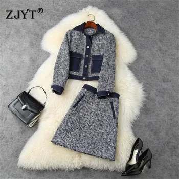 

Autumn Winter Suit Women 2020 New Runway Fashion Long Sleeve Denim Patchwork Tweed Jacket and Skirt Two Piece Set Casual Outfit
