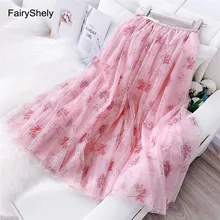 FairyShely Boho Весенняя плиссированная длинная юбка с принтом, Женская Корейская эластичная розовая Тюлевая юбка средней длины с высокой талией, модная одежда