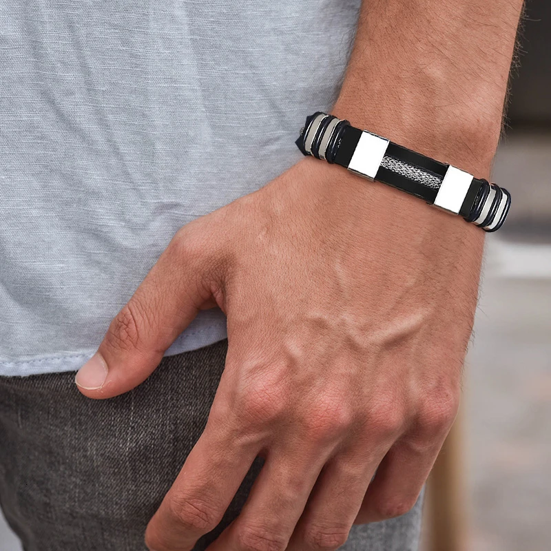 Vnox 13mm Bracelet for Men,Grooved Silicone with Stainless