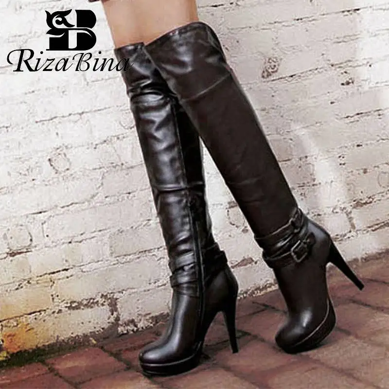 

RIZABINA Fashion Sexy Ladies Black Over The Knee Boots Pu Leather Buckle Spike Heels Shoes Woman Office Footwear Size 32-43