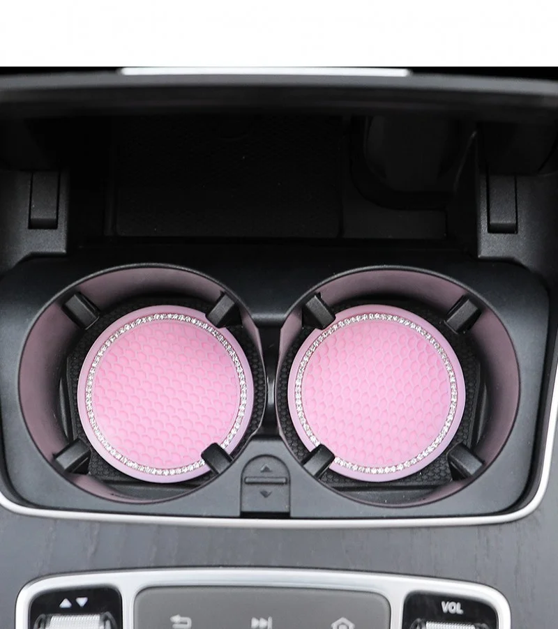 2pcs Non-slip Car Water Cup Pad Diamond Rhinestone Rubber Mat for Bottle Holder Coaster Auto Interior Anti-skid Cup Holders 7cm