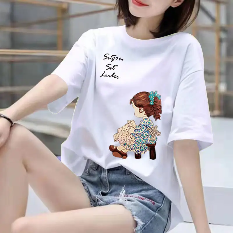Женская новая милая модная футболка Kawaii Harajuku белая с коротким рукавом летнее