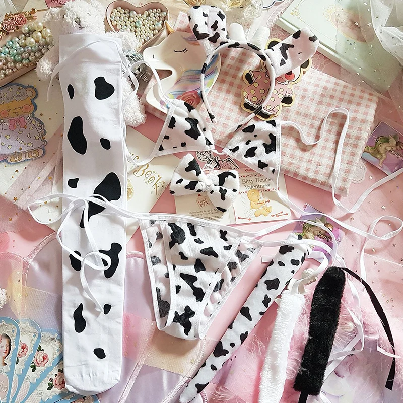 Japanese Girls Anime Cosplay Micro Bikini Mini Ultra Thin Bra and Panty Set Underwear Kawaii Lingerie Hairwear Tail Stocking New