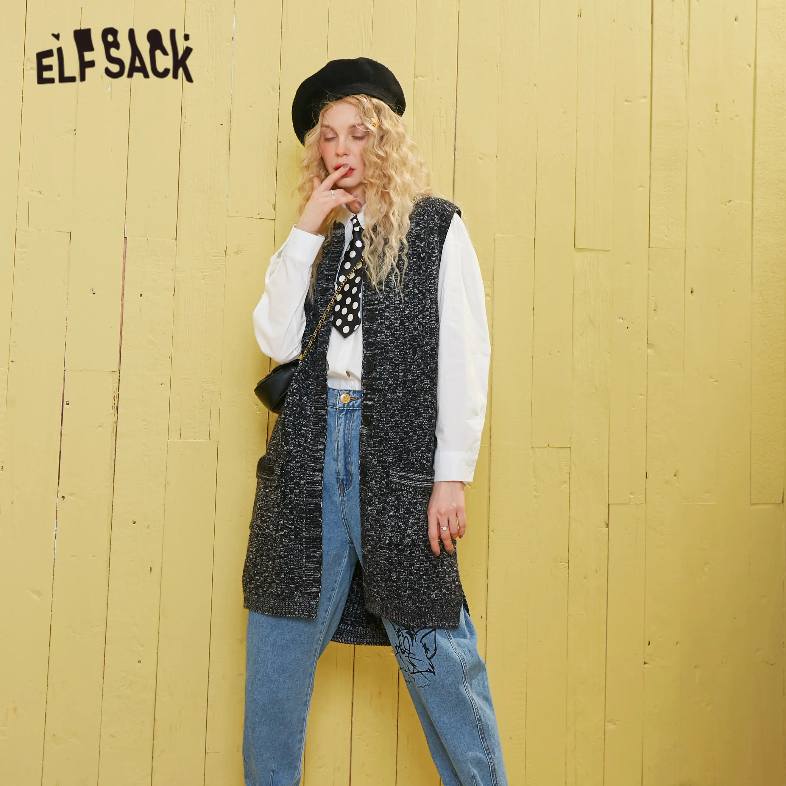 Женский однобортный трикотажный кардиган ELFSACK темно серый однотонный