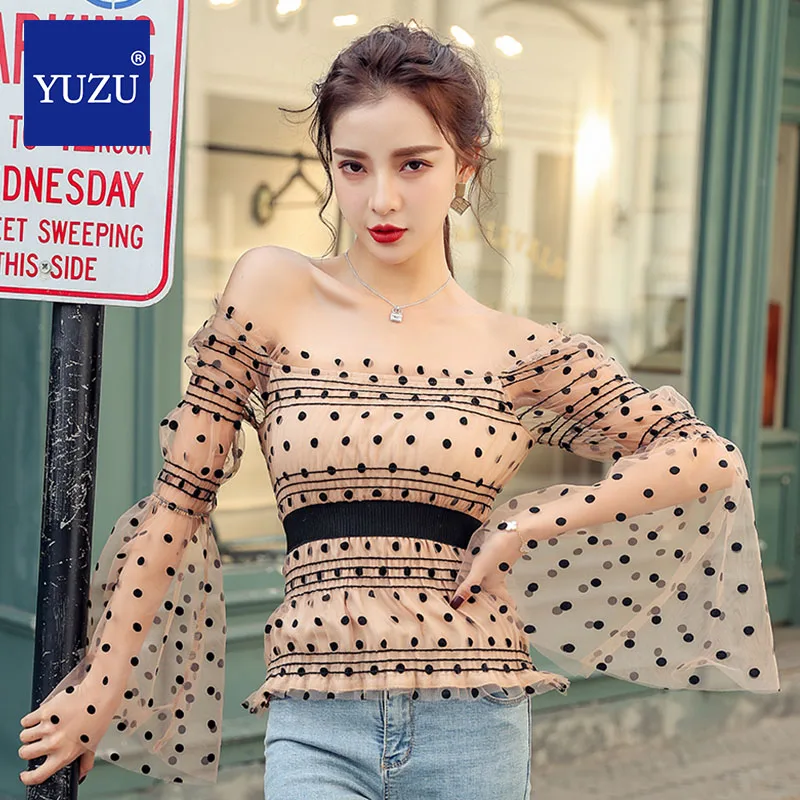 

Mesh Sheer Blouse Sexy Off Shoulder Polka Dot See Through Shirt Long Bell Sleeve Lace Shirts 2020 Spring Bodycon Pullovers