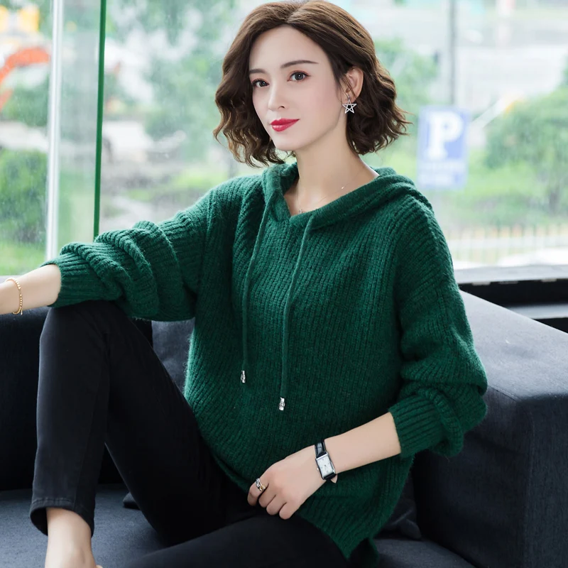YISU Модный женский свитер с капюшоном ярких цветов осень зима длинный рукав трикотажный свитер Повседневный Свободный пуловер для женщин - Цвет: Зеленый