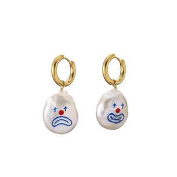 

Handmade Clown Face Real Natural Pearls Asymmetric 18K Gold Hoop Drop Earrings