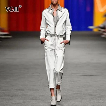 

VGH Patchwork Hit Color Two Piece Set For Women Long Sleeve High Waist Drawstring Pants Female Suits Autumn Fashion 2020 New