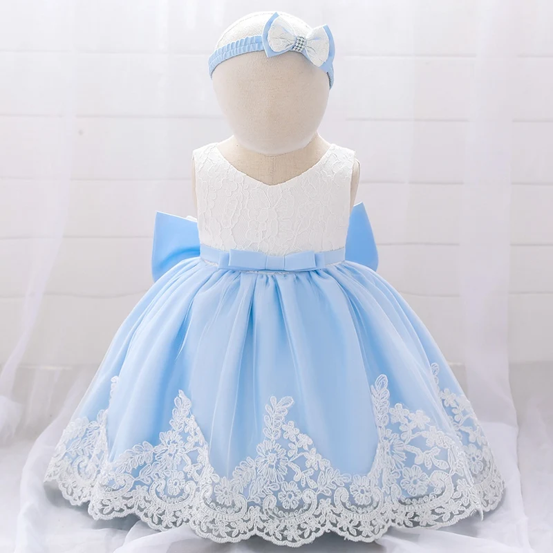 Детское платье принцессы для маленьких детей; кружевное бальное платье с большим бантом для девочек на день рождения и свадьбу+ повязка на голову; SPE300 - Цвет: Blue
