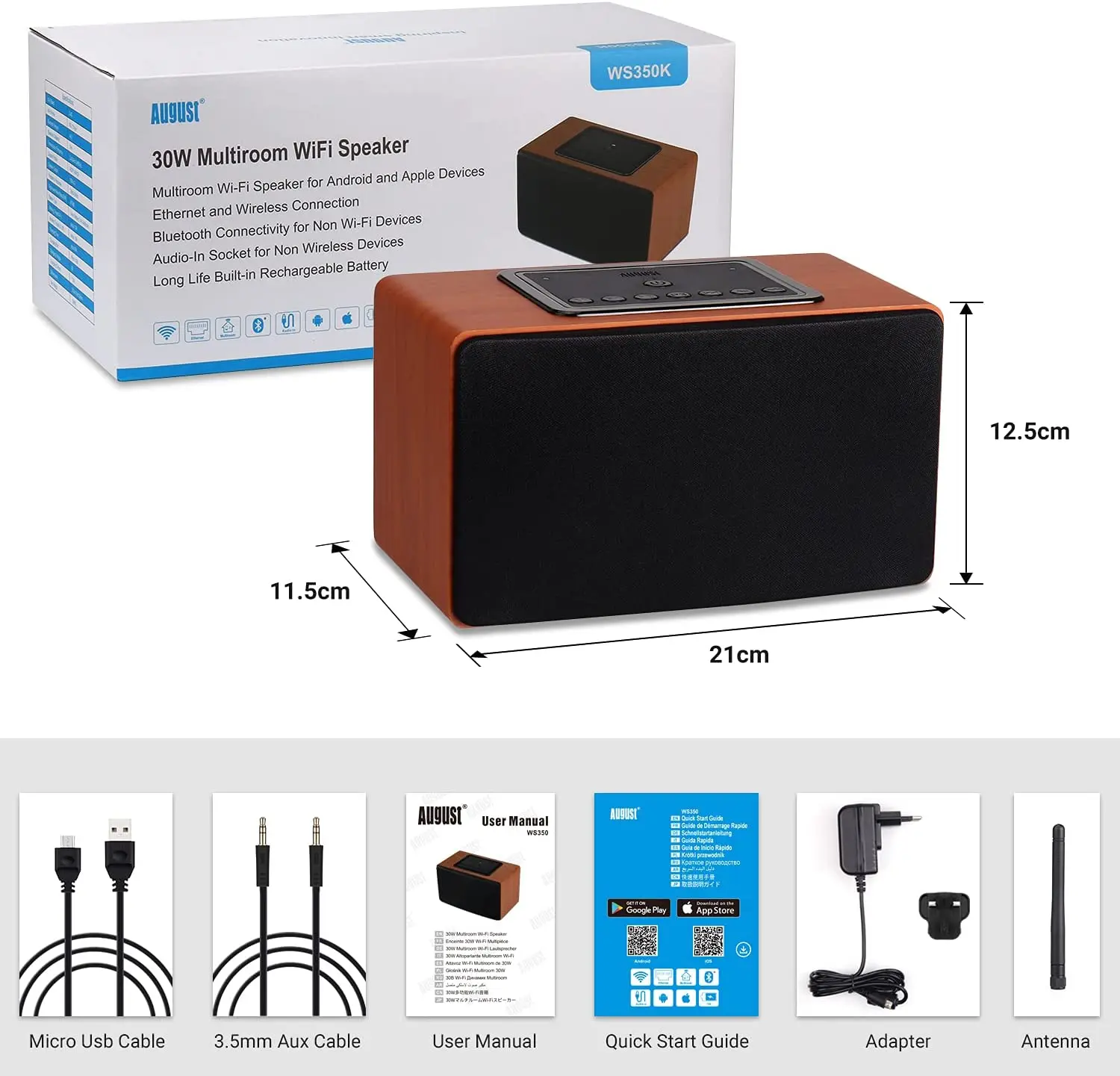 August WS350 Wireless WiFi Bluetooth Speaker with Airplay,Ethernet,DLNA for Tablets/Smartphones/Phones compatible with Spotify