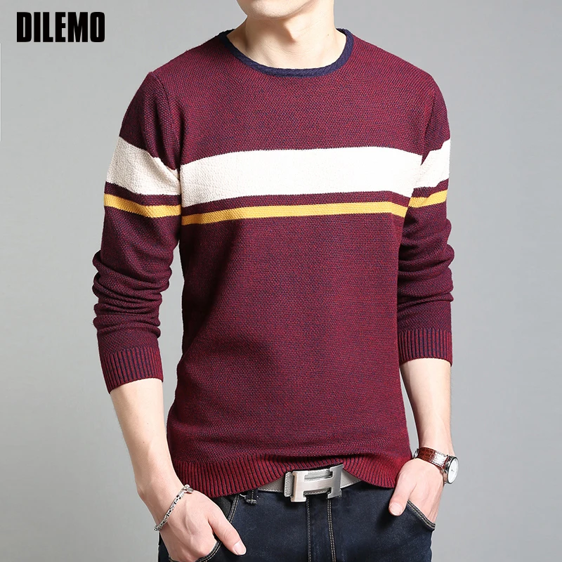 Модный брендовый свитер для мужчин s пуловеры с О-образным вырезом в полоску Облегающие джемперы вязанная Осенняя повседневная мужская одежда в Корейском стиле