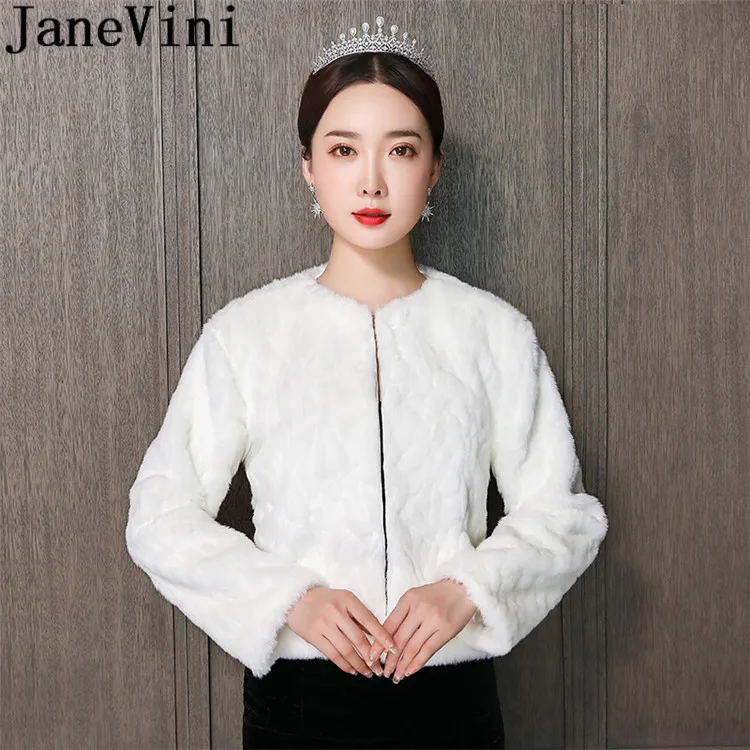 JaneVini Beige Bride Winter Wedding Fur Coat Long Sleeve Faux Fur Wrap Cpes Bridal Shawl Warm Dress Boleros Stoles estolas pelo