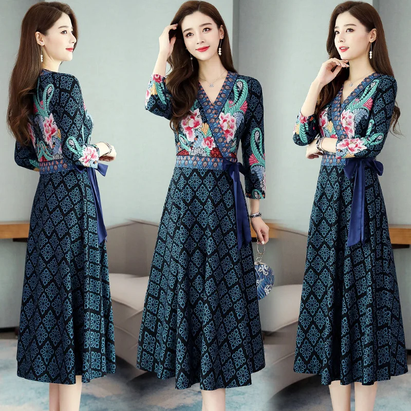 

2019 Autumn New Style National Style Dress Elegant V-neck Waist Hugging Slimming Mid-length Elegant Goddess Fan Children