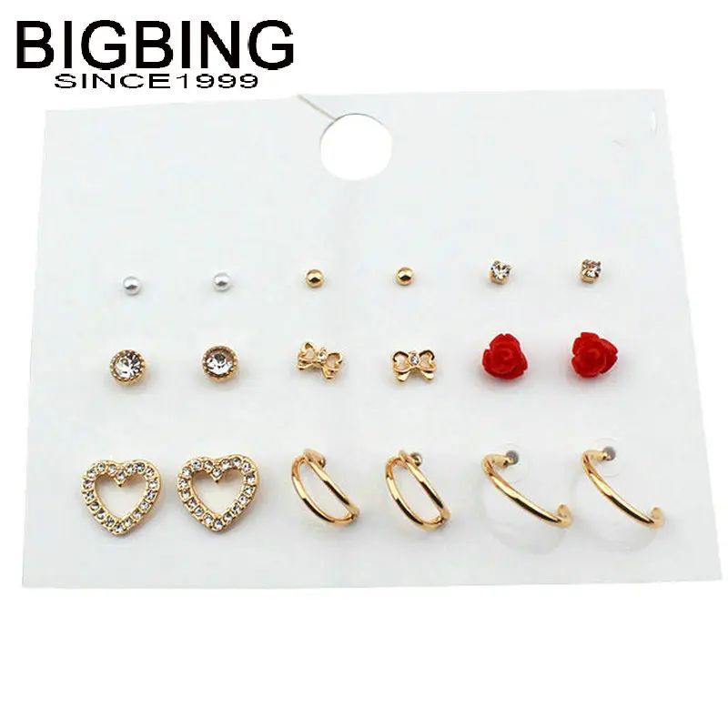 G012 ювелирные изделия, 9 пар, золотые серьги-гвоздики в форме цветка, женские серьги, модная Ювелирная серьга хорошего качества