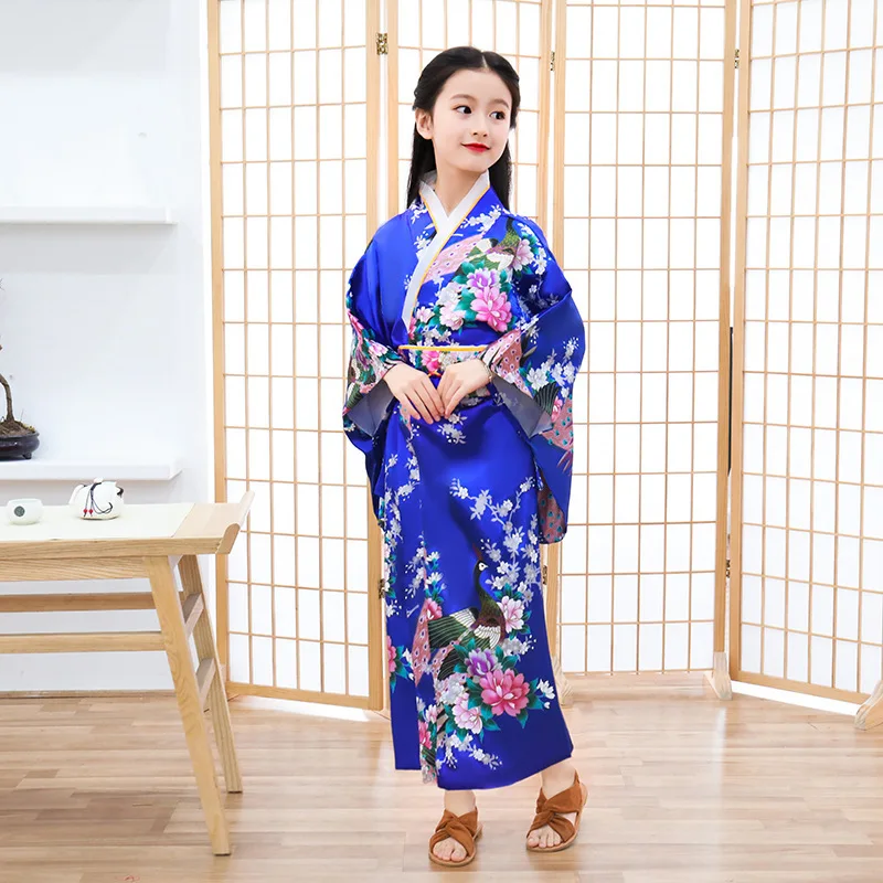Восточный, Азиатский, детское японское кимоно для девочек, платье, традиционные костюмы, Haori Yukata Павлин, роскошный атласный халат, пижамы - Цвет: Color1
