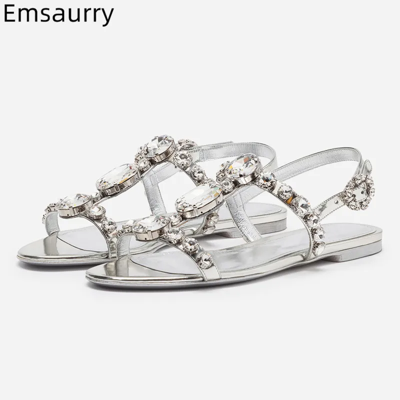 

Summer New Jewelry Sandals Woman Round Toe Narrow Band Decor Crystal Ladies Shoes Comfy Flat Heel Big Size Woman Sandals 43