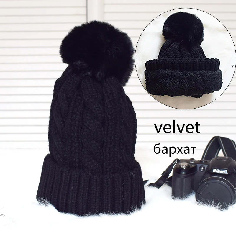 B black velvet Розовая шерстяная зимняя женская шапка с меховым помпоном, вязаная шапка Skullies Beanies, плотная Теплая Бархатная флисовая шапка с помпоном, лыжная шапка, femme - Цвет: B black velvet