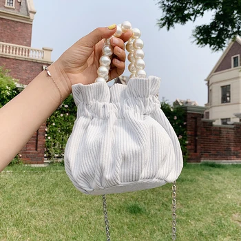 

Small Ladies Purses and Handbag Pearls Handle Crossbody Chain Bag Solid Color Cloth Mini Bucket Bag Summer Phone Bag